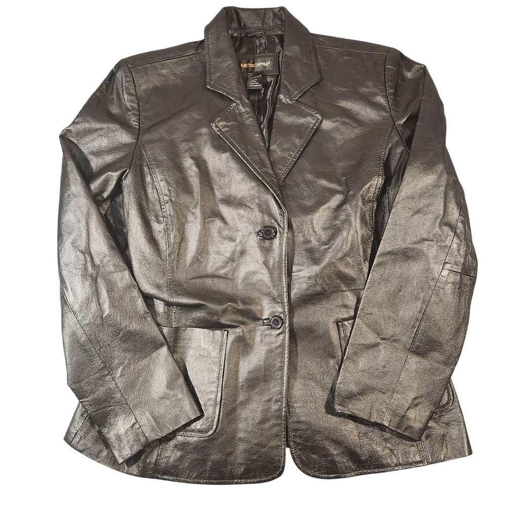 Vintage Metrostyle Jacket Womens 14P Black Leather Blazer 2‎ Button Petite Y2K